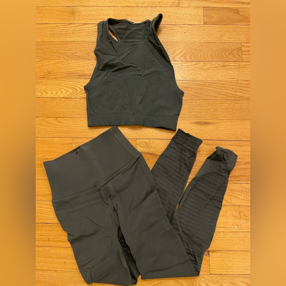 Fabletics Dark Green Laser Cut High Neck Sports Bra and Legging Set